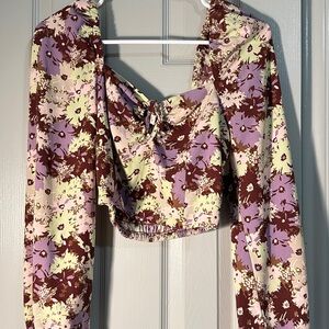 Purple Ruched Long Sleeve Crop Blouse